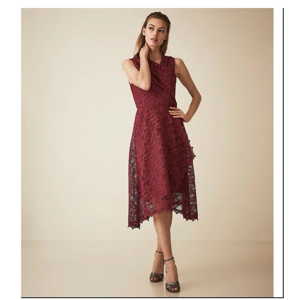 NWT Reiss Rayna Wrap Front Lace Midi Dress Burgundy Size US6 UK10